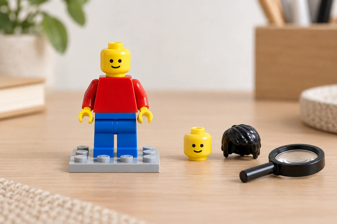 LEGO® minifiguur met losse onderdelen en vergrootglas op een houten tafel