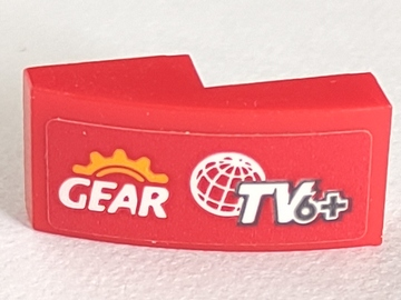 Part 11477pb097L - Slope, Curved 2 x 1 x 2/3 with 'GEAR', Wire Frame Globe, and 'TV6+' Pattern Model Left Side (Sticker) - Set 60145 - De BrickPlaats