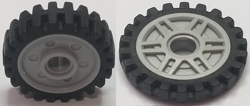 Part 13971c02 - Wheel 18mm D. x 8mm with Fake Bolts and Deep Spokes with Inner Ring with Black Tire 24mm D. x 7mm Matching Tread - Band Around Center of Tread (13971 / 61254b) - De BrickPlaats