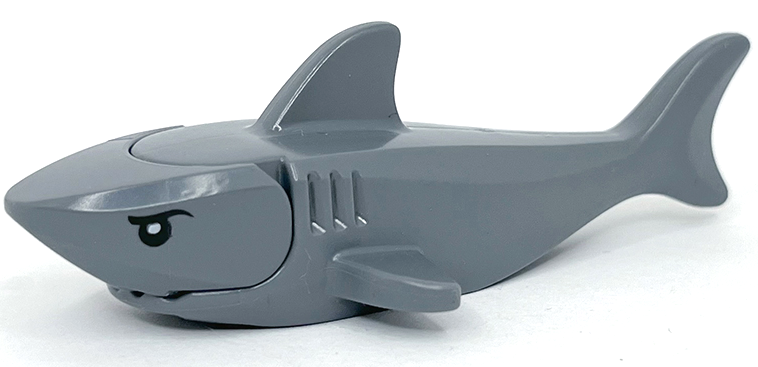 Part 14518c04pb01 - Shark with Rounded Nose and Debossed Gills with Black Eyes and White Partial Circle Pupils Pattern - De BrickPlaats
