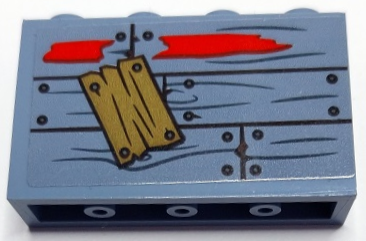 Part 14718pb072 - Panel 1 x 4 x 2 with Side Supports - Hollow Studs with Wooden Boards, Wood Grain, Nails, Red Paint and Dark Tan Patch Pattern (Sticker) - Set 70422 - De BrickPlaats
