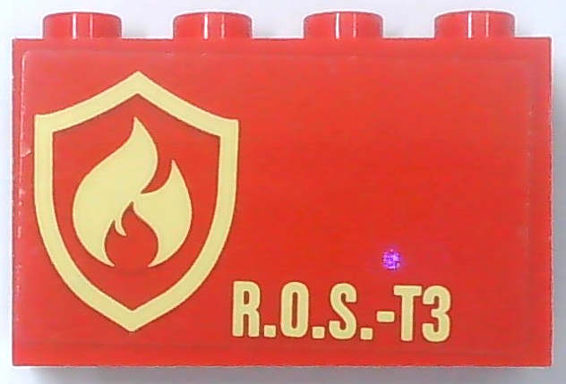 Part 14718pb075 - Panel 1 x 4 x 2 with Side Supports - Hollow Studs with Bright Light Yellow Fire Logo Badge and 'R.O.S.-T3' Pattern (Sticker) - Set 60216 - De BrickPlaats