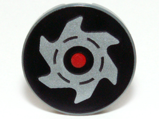 Part 14769pb040 - Tile, Round 2 x 2 with Bottom Stud Holder with Red Circle and Silver Saw Blade on Black Background Pattern - De BrickPlaats