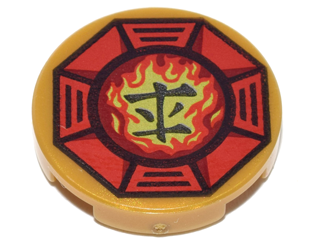 Part 14769pb065 - Tile, Round 2 x 2 with Bottom Stud Holder with Airjitzu Fire Symbol in Red Octagon Pattern - De BrickPlaats
