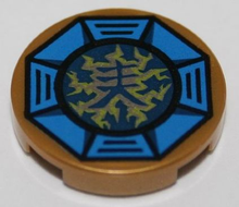 Part 14769pb066 - Tile, Round 2 x 2 with Bottom Stud Holder with Airjitzu Lightning Symbol in Blue Octagon Pattern - De BrickPlaats
