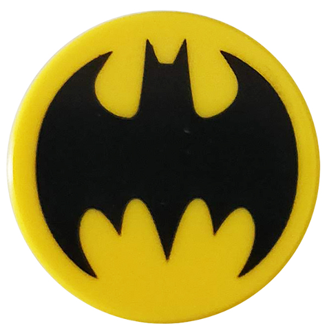 Part 14769pb120 - Tile, Round 2 x 2 with Bottom Stud Holder with Black Bat Batman Logo Pattern - De BrickPlaats