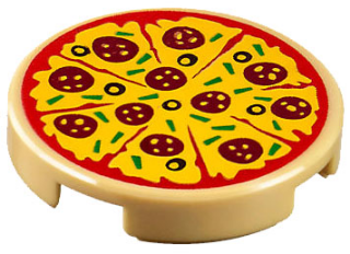 Part 14769pb160 - Tile, Round 2 x 2 with Bottom Stud Holder with Sliced Pizza with Red Tomato Sauce, Yellow Cheese, Dark Red Pepperoni, Black Olives, and Green Bell Peppers Pattern - De BrickPlaats