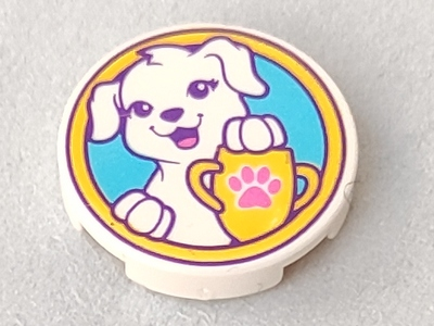Part 14769pb179 - Tile, Round 2 x 2 with Bottom Stud Holder with Puppy Dog, Yellow Trophy with Dark Pink Paw Print on Medium Azure Background Pattern - De BrickPlaats