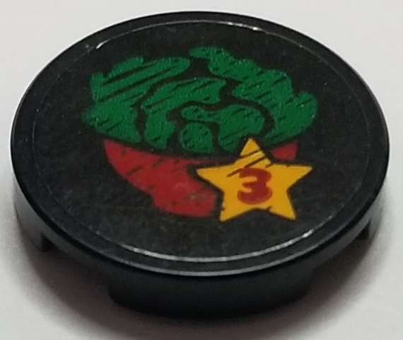 Part 14769pb279 - Tile, Round 2 x 2 with Bottom Stud Holder with Salad in Bowl and Red Number 3 in Star Pattern (Sticker) - Set 41311 - De BrickPlaats