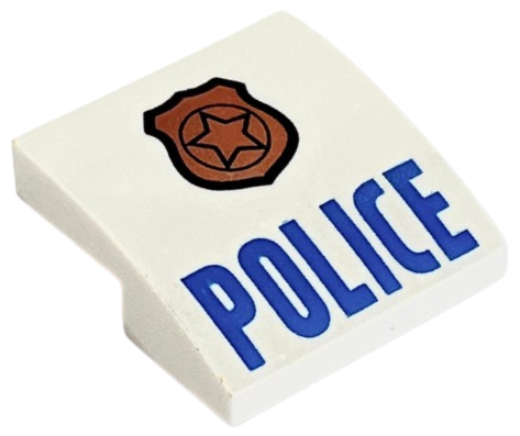 Part 15068pb046b - Slope, Curved 2 x 2 x 2/3 with Copper Badge with Star and Black Outline, Blue 'POLICE' Pattern - De BrickPlaats