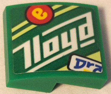 Part 15068pb486L - Slope, Curved 2 x 2 x 2/3 with Blue 'Dra', White 'Lloyd', Yellow Lowercase Letter e in Red Circle and Yellowish Green Stripes Pattern Model Left Side (Sticker) - Set 71709 - De BrickPlaats