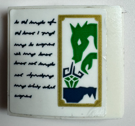 Part 15068pb543 - Slope, Curved 2 x 2 x 2/3 with Book Page with Writing, Dark Blue Cooking Pot, Bright Green Dragon and Diamond in Gold Frame Pattern (Sticker) - Set 31125 - De BrickPlaats