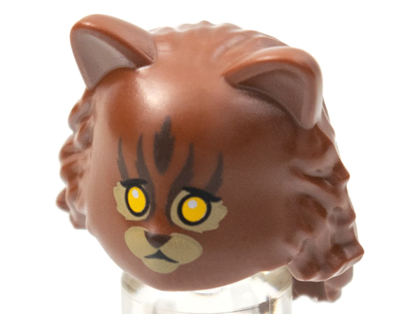 Part 18513pb01 - Minifigure, Headgear Head Cover, Cat with Mid-Length Hair in Back with Yellow Eyes, Tan Muzzle and Eye Patches, Dark Brown Stripes Pattern - De BrickPlaats