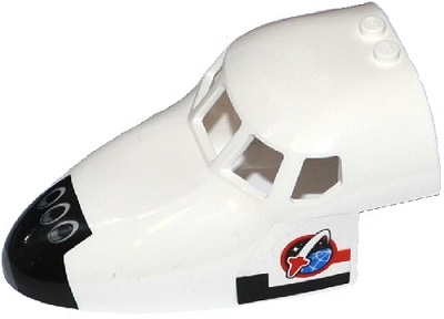 Part 18907pb03 - Aircraft Fuselage Forward Top Curved 6 x 10 x 4 with 5 Window Panes with Shuttle Nose Pattern and Space Logo on Transparent Background on Both Sides (Stickers) - Set 60078 - De BrickPlaats