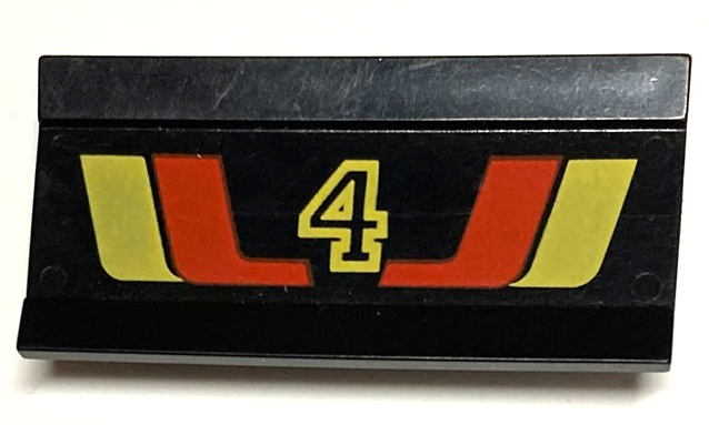 Part 2440pb002 - Vehicle, Spoiler / Plow Blade 6 x 3 with Hinge with Red and Yellow Stripes and Number 4 Pattern - De BrickPlaats