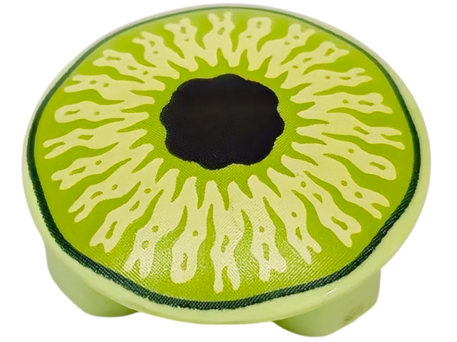 Part 2654pb011 - Plate, Round 2 x 2 with Rounded Bottom and Lime and Black Eye Pattern - De BrickPlaats