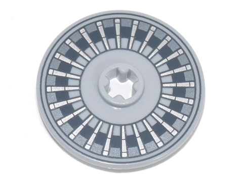 Part 2723pb095 - Technic, Disk 3 x 3 with Black and Dark Bluish Gray Circles with Silver Spokes Pattern - De BrickPlaats