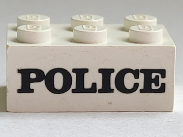 Part 3002oldpb06 - Brick 2 x 3 with Black 'POLICE' Serif Bold Pattern (Embossed) - De BrickPlaats