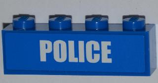 Part 3010pb157 - Brick 1 x 4 with White 'POLICE' Bold Narrow Font on Blue Background Pattern (Sticker) - Set 4441 - De BrickPlaats