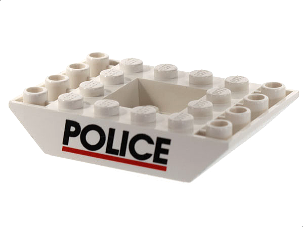 Part 30183px1 - Slope, Inverted 45 6 x 4 Double with Recessed Center with Black 'POLICE' and Red Line Pattern - De BrickPlaats