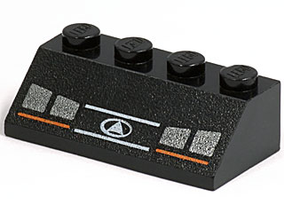 Part 3037px9 - Slope 45 2 x 4 with Four Silver Headlights and Orange and White Lines Pattern - De BrickPlaats