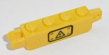 Part 30387pb001Ra - Hinge Brick 1 x 4 Locking, 9 Teeth with Black Electricity Danger Sign on Transparent Background Pattern Model Right Side (Sticker) - Set 7248 - De BrickPlaats