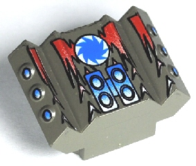 Part 30601pb04 - Brick, Modified 2 x 2 No Studs, Sloped with Angled Side Block Extensions with Red Flames and Blue Saw Blade on White Circle Pattern - De BrickPlaats