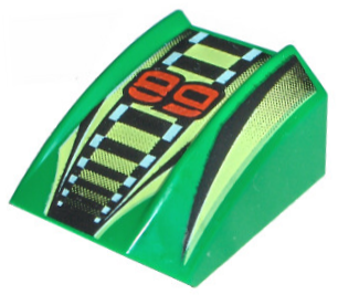 Part 30602pb007 - Slope, Curved 2 x 2 Lip with '89', Lime/Black/White Stripes Pattern - De BrickPlaats