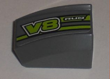 Part 30602pb037L - Slope, Curved 2 x 2 Lip with 'RUN' and 'V8' Pattern Model Left (Sticker) - Set 8192 - De BrickPlaats