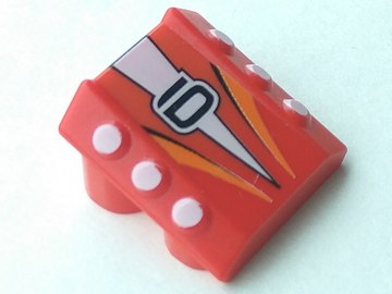 Part 30603pb05 - Brick, Modified 2 x 2 No Studs, Sloped with 6 Side Pistons Raised and '6', White Triangle and Orange Stripes Pattern - De BrickPlaats