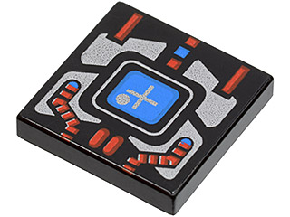 Part 3068p51 - Tile 2 x 2 with Spyrius Blue Screen with Plus Sign and Silver and Red Panel Pattern - De BrickPlaats