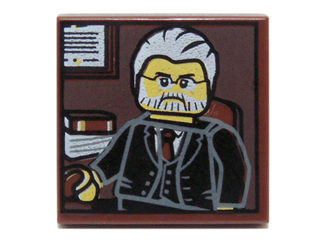Part 3068pb0699 - Tile 2 x 2 with Portrait of Male Minifigure with Gray Hair, Beard and Black Suit Pattern - De BrickPlaats