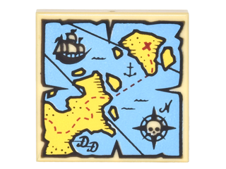 Part 3068pb0929 - Tile 2 x 2 with Map Blue Water, Yellow Land, Black Pirate Ship, Compass Rose, White Skeleton Head and Red 'X' Pattern - De BrickPlaats