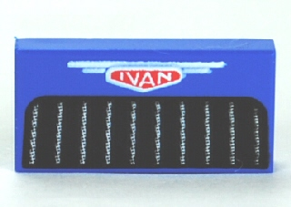 Part 3069pb0179 - Tile 1 x 2 with White 'IVAN' on Red Emblem, Black Grille Pattern - De BrickPlaats