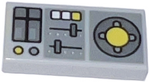 Part 3069pb0847 - Tile 1 x 2 with Vehicle Control Panel, Silver Sliders, Yellow Buttons, Dark Bluish Gray Panels Pattern - De BrickPlaats