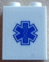 Part 3245cpb020 - Brick 1 x 2 x 2 with Inside Stud Holder with Blue EMT Star of Life on Transparent Background Pattern (Sticker) - Set 60023 - De BrickPlaats