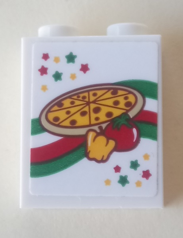 Part 3245cpb125 - Brick 1 x 2 x 2 with Inside Stud Holder with Stars, Pizza, Pepper and Tomato Pattern (Sticker) - Set 41311 - De BrickPlaats