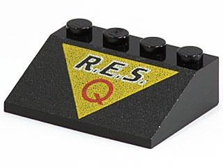 Part 3297px15 - Slope 33 3 x 4 with Black 'R.E.S.' and Red 'Q' on Yellow Triangle Pattern - De BrickPlaats