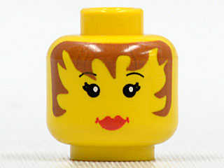 Part 3626pa6 - Minifigure, Head Female Black Thin Eyebrows, Eyelashes, Brown Hair, Red Lips, Neutral Pattern - De BrickPlaats