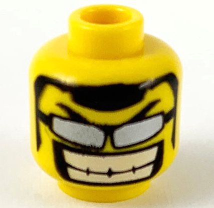 Part 3626pb0119 - Minifigure, Head Black Eyebrows, Hair and Sideburns, Sunglasses with Silver Lenses, Huge Open Mouth Smile with Teeth Pattern - De BrickPlaats