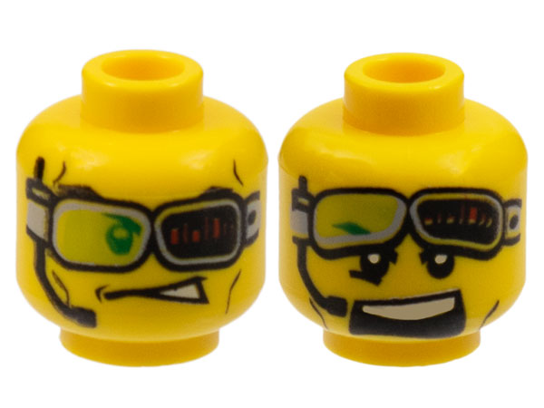 Part 3626pb0448 - Minifigure, Head Dual Sided Headset and Green Glasses with Red Bars, Glasses Down / Glasses Up and Mouth Open Pattern - De BrickPlaats