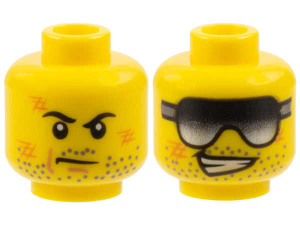Part 3626pb0750 - Minifigure, Head Dual Sided Dark Bluish Gray Stubble, Orange Scuff Marks, Black Eyebrows and Scowl / Sunglasses and Lopsided Open Mouth Smile with Teeth Pattern - De BrickPlaats
