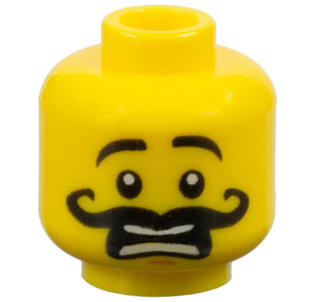 Part 3626pb1056 - Minifigure, Head Black Eyebrows Raised, Curly Long Moustache, Medium Nougat Chin Dimple, Scared Open Mouth with Teeth Parted Pattern - De BrickPlaats