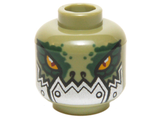 Part 3626pb1279 - Minifigure, Head Alien Chima Crocodile with Dark Green Rimmed Eyes and Metallic Silver Plates with Rivets Lower Jaw Pattern - De BrickPlaats