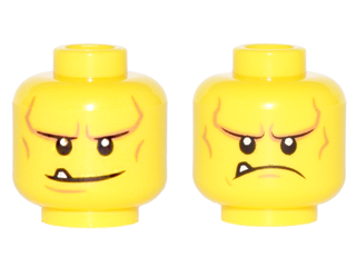 Part 3626pb1548 - Minifigure, Head Dual Sided Black Eyebrows, White Pupils, Chin Dimple and Cheek Lines, Smile with Tooth / Frown Angry Pattern - De BrickPlaats