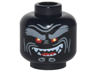 Part 3626pb1883 - Minifigure, Head Alien with Light Bluish Gray Bushy Eyebrows, Red Eyes, Open Mouth Crooked Smile Left Raised with Fangs Pattern - De BrickPlaats
