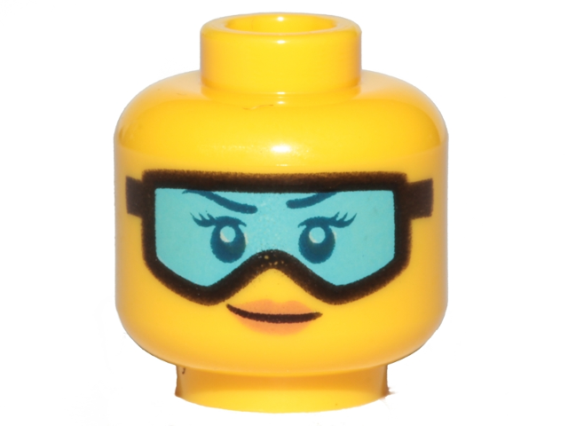 Part 3626pb2139 - Minifigure, Head Female Dark Blue Eyebrows, Eyelashes, and Eyes, Black Ski Goggles with Medium Azure Lens, Nougat Lips, Grin Pattern - De BrickPlaats
