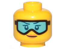 Part 3626pb2139 - Minifigure, Head Female Dark Blue Eyebrows, Eyelashes, and Eyes, Black Ski Goggles with Medium Azure Lens, Nougat Lips, Grin Pattern - De BrickPlaats
