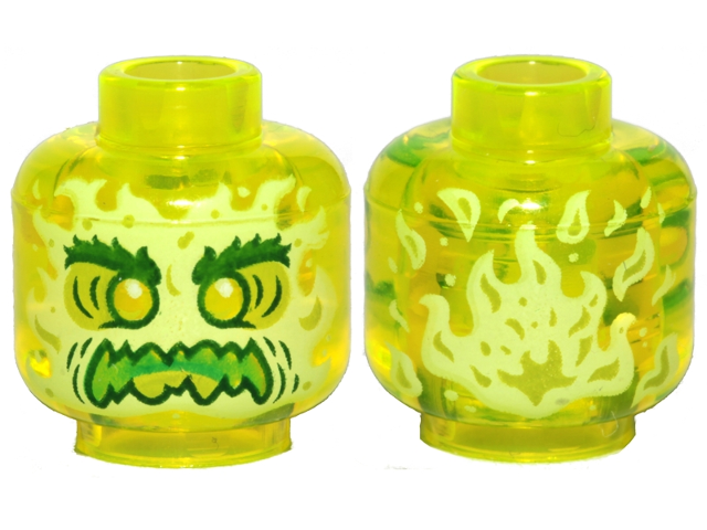 Part 3626pb2449 - Minifigure, Head Alien Ghost with Yellowish Green Face, Bushy Eyebrows, Angry and Flames in Back Pattern - Hollow Stud - De BrickPlaats