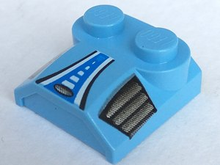Part 41855pb05 - Slope, Curved 2 x 2 x 2/3 with 2 Studs and Curved Sides, Lip End with Blue/White Stripe and Silver Side Vents Pattern - De BrickPlaats